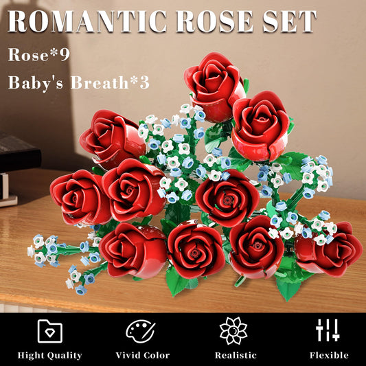 Mavo Brix roses bouquet building set highlights baby’s breath detail for delicate elegance