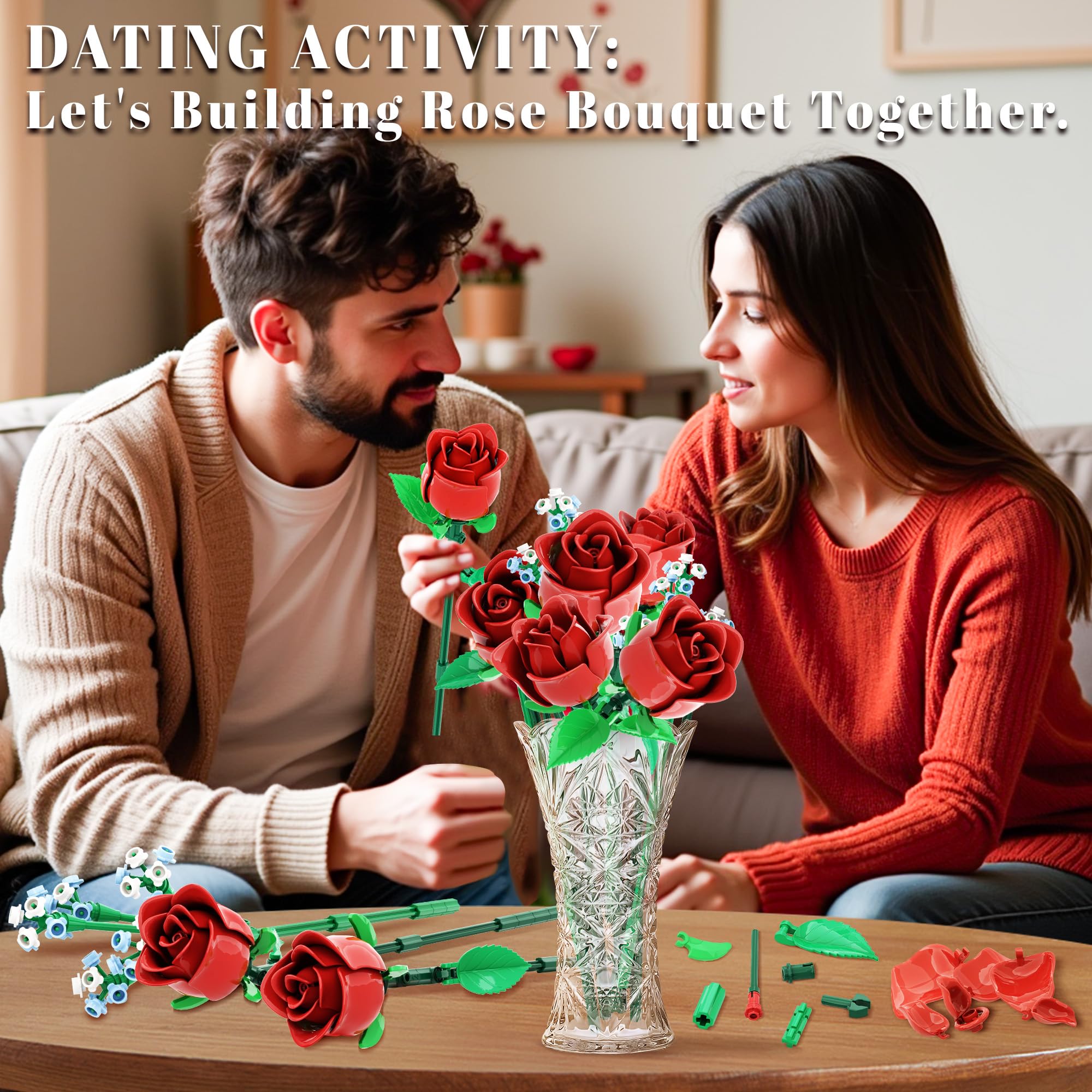 Mavo Brix roses bouquet building set is Lego-compatible for versatile DIY floral collections