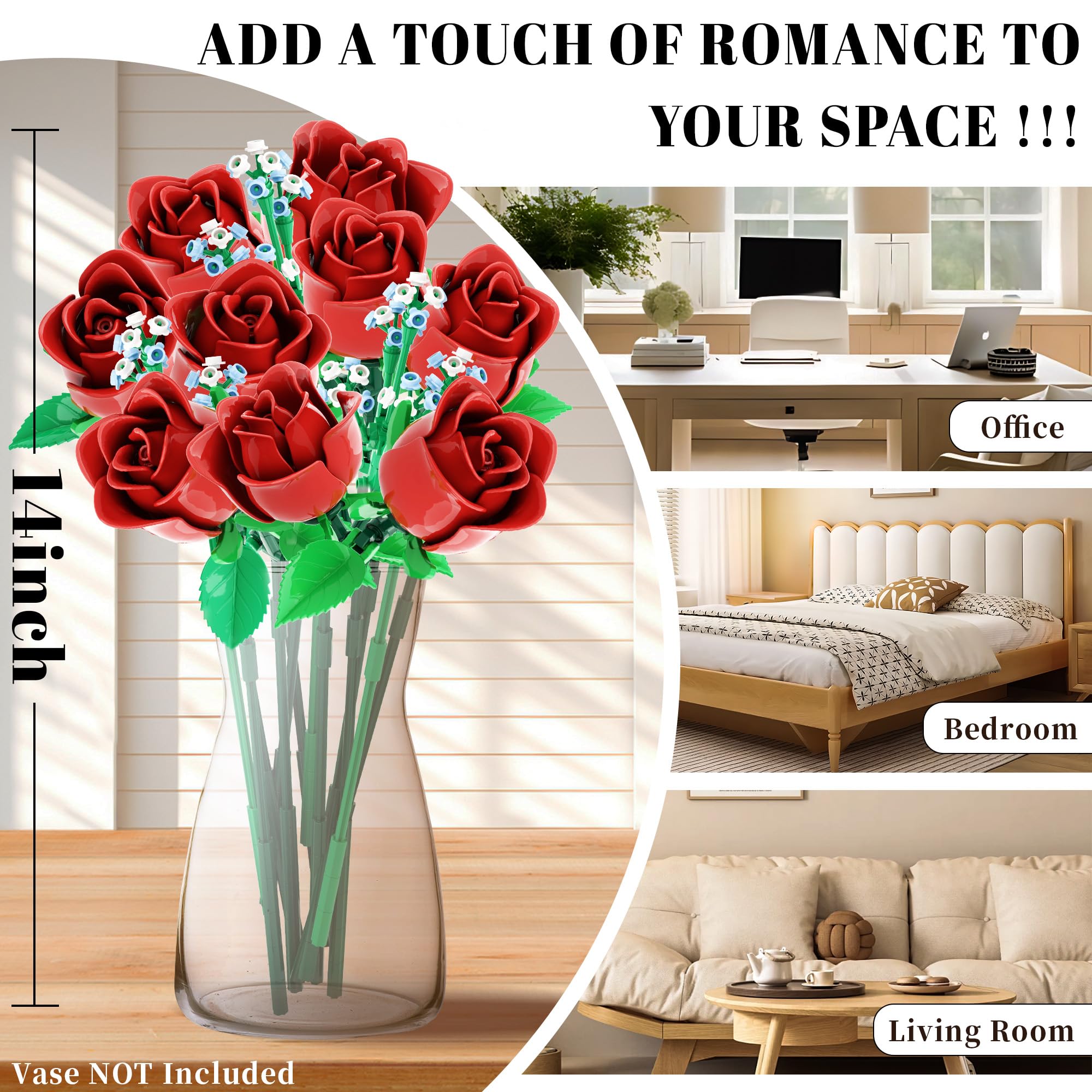 Mavo Brix roses bouquet building set features a 14-inch height for a striking display