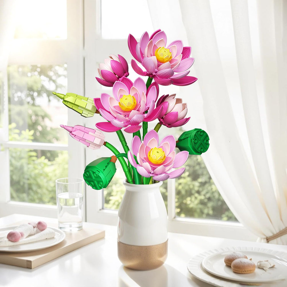 Mavo brix vase with lotus blooms complements Lego botanical builds