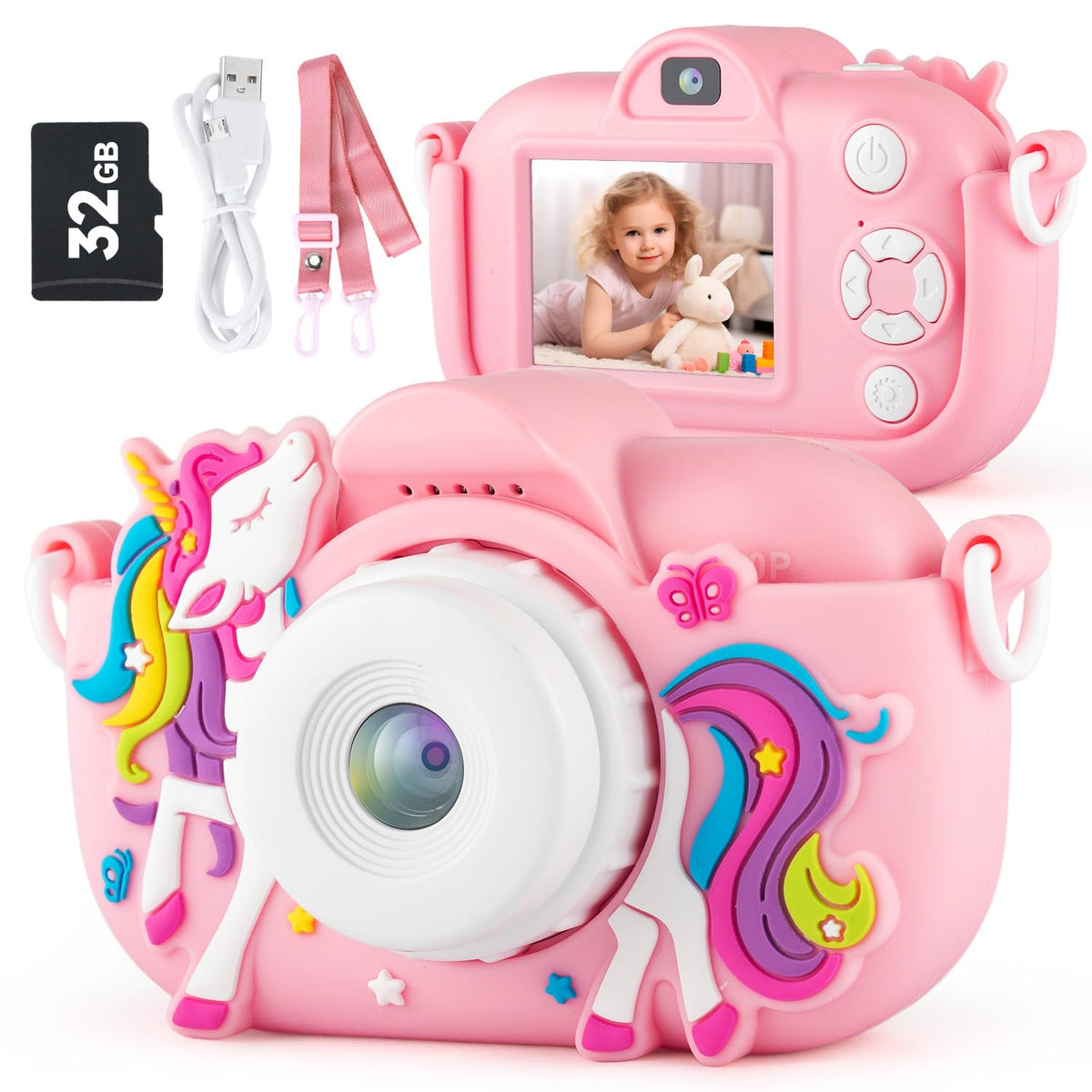 MAVOKIS Kids Camera pale pink front lens captures bright selfies for kids.