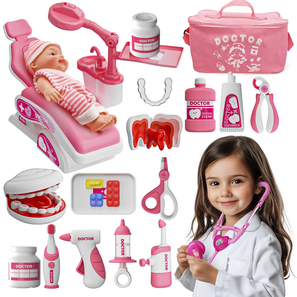 Max and Deril Toy Doctor Kit chair image highlights an adjustable dentist chair for immersive role play.
