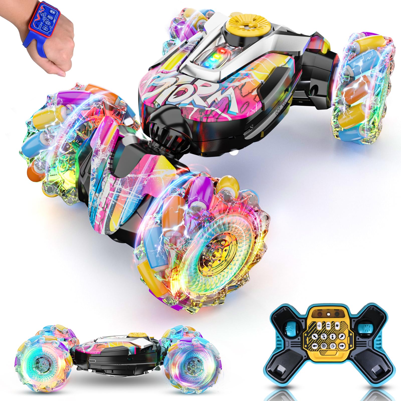 Maxkes gesture sensing RC stunt car front view with bright LEDs for immersive play