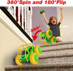 MaxTronic amphibious RC car performing 360° flips with bright LEDs for dynamic stunts