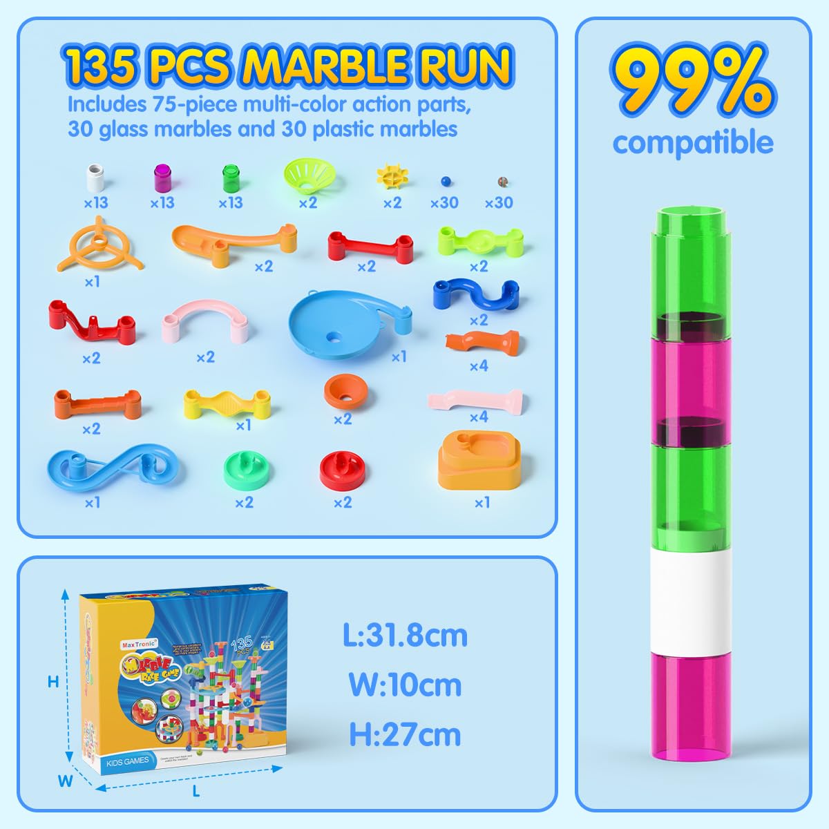 MaxTronic Marble Run includes 30 colorful balls to support color recognition and play.