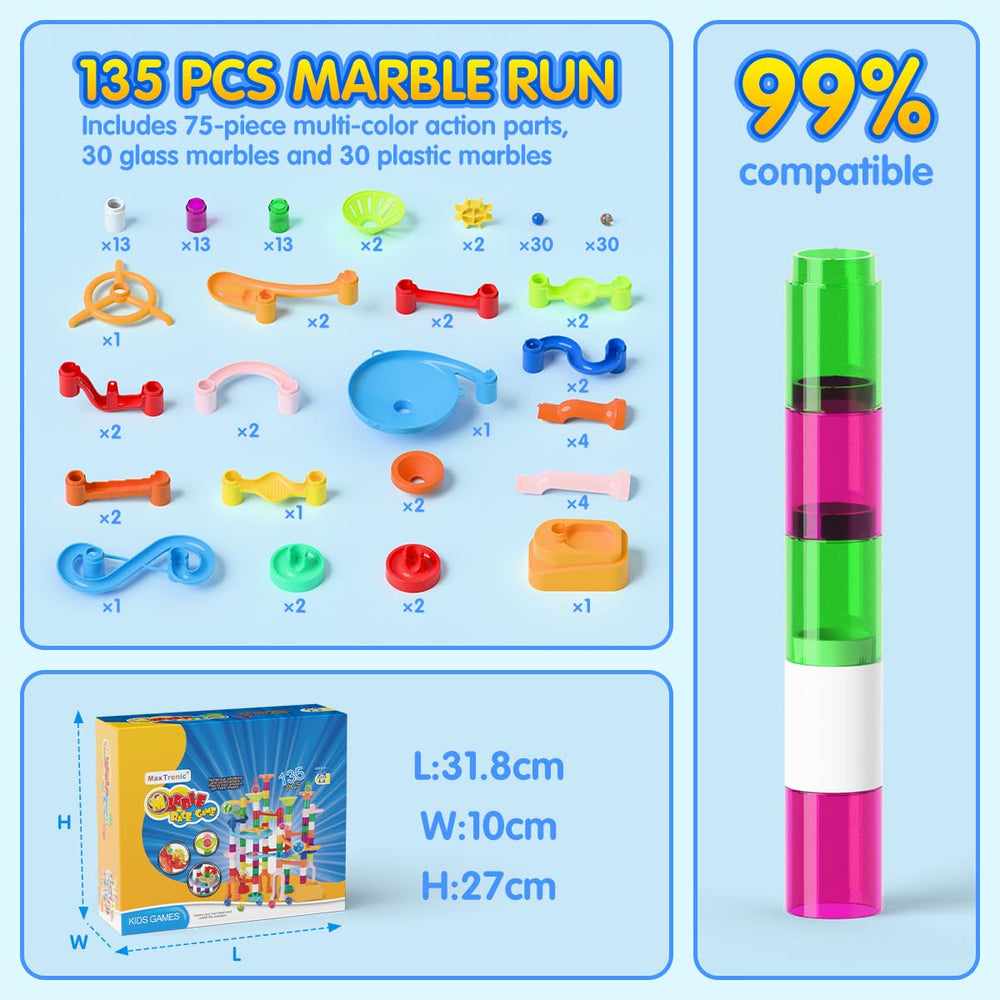 MaxTronic Marble Run includes 30 colorful balls to support color recognition and play.
