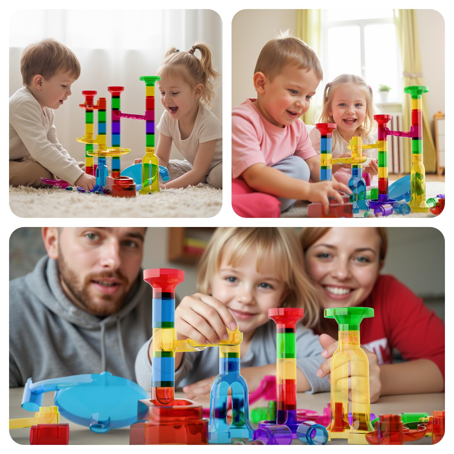 MaxTronic Marble Run Kit in-use demonstrates collaborative play among kids.
