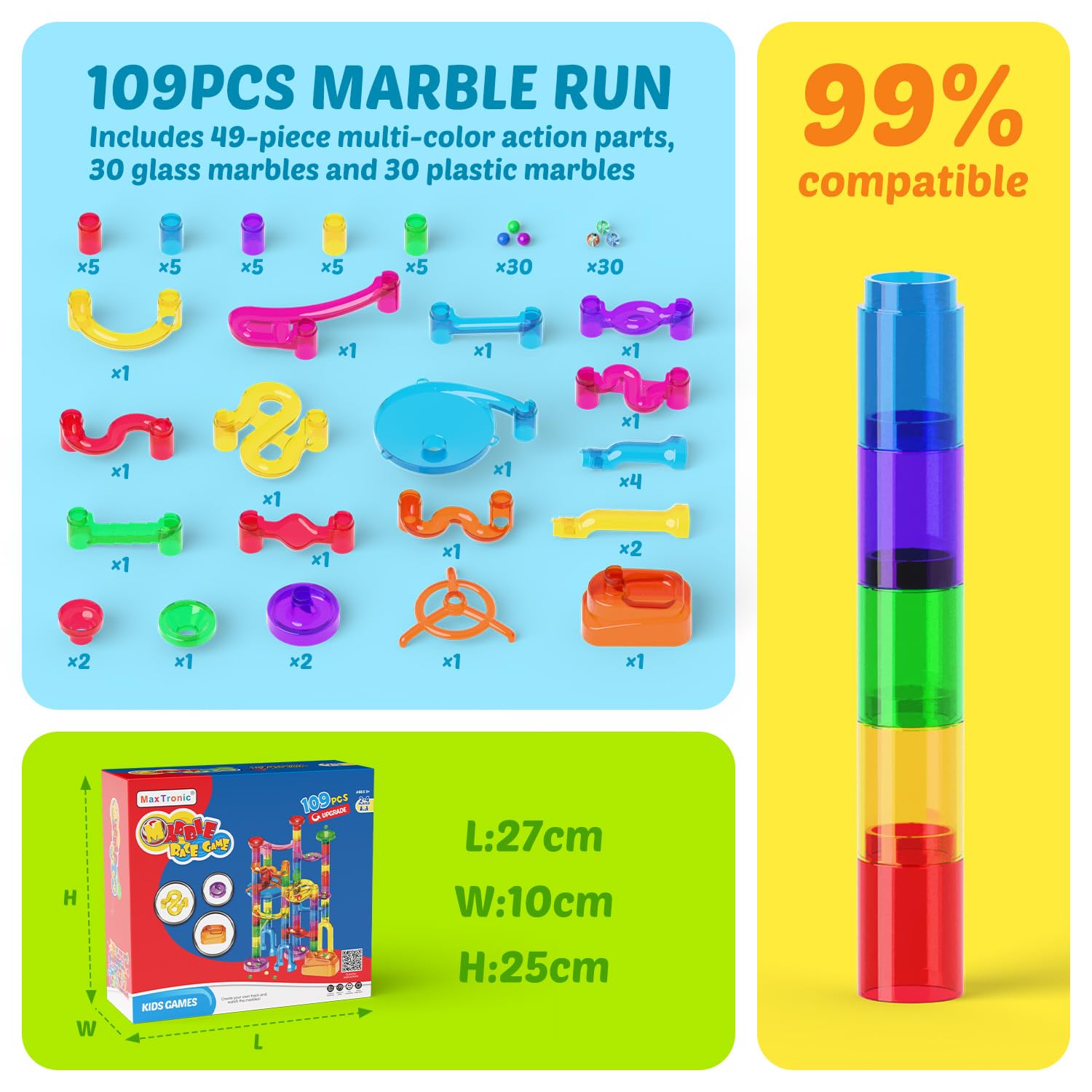 MaxTronic Marble Run Kit side view shows sturdy, safe construction.