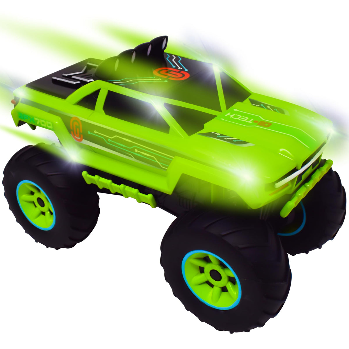 Maxx Action 12in monster truck with color shifting lights enhances room play.