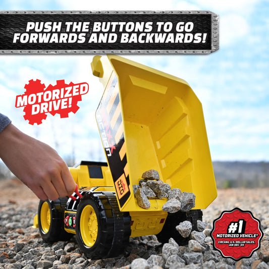 Maxx Action Dig Rig front-loader action demonstrates digging and lifting in pretend work.