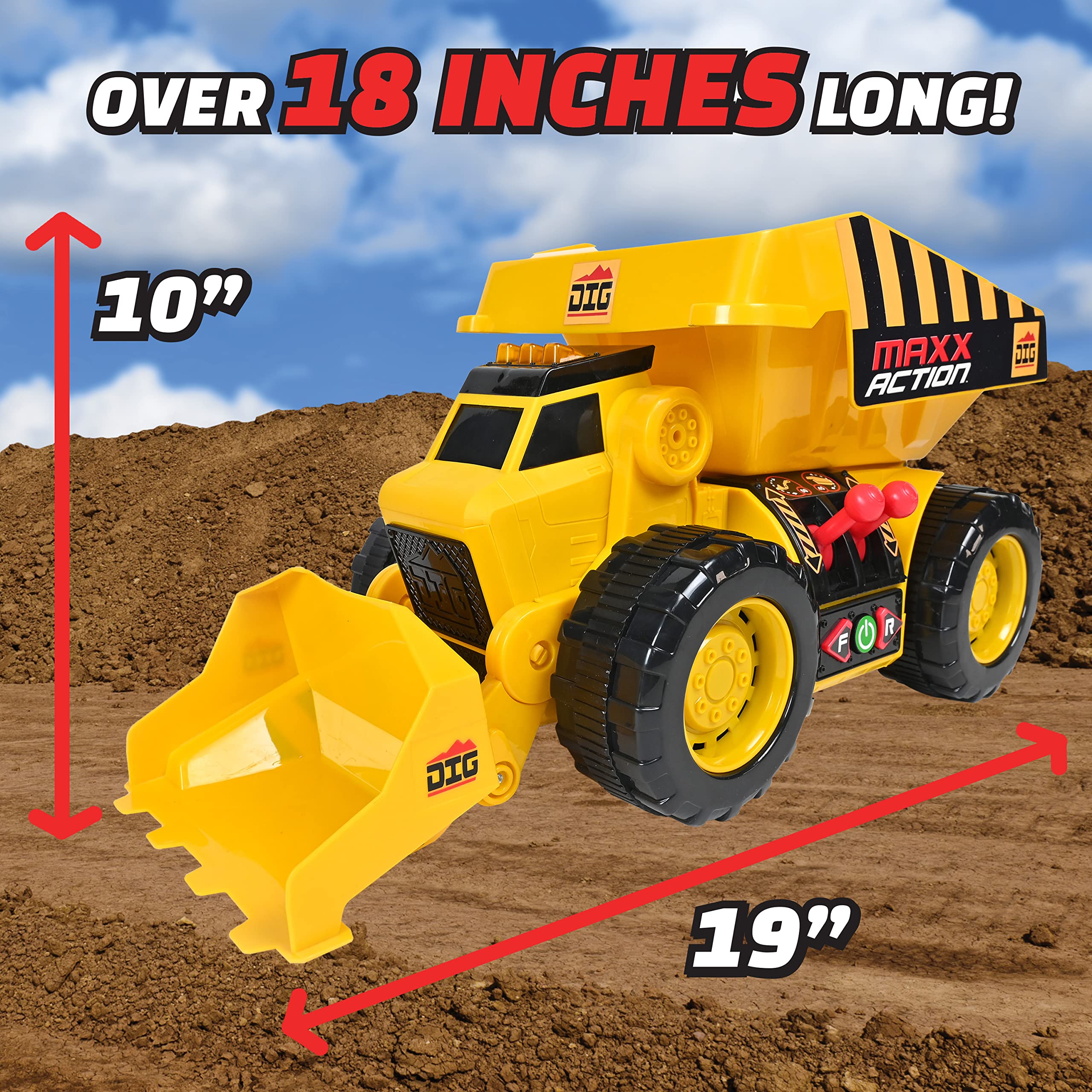 Maxx Action Dig Rig lights and sounds create a lively construction site.