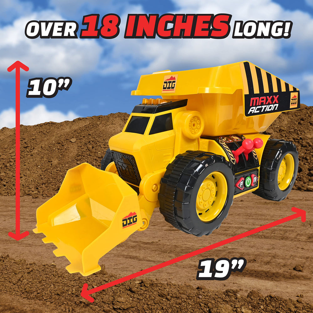 Maxx Action Dig Rig lights and sounds create a lively construction site.