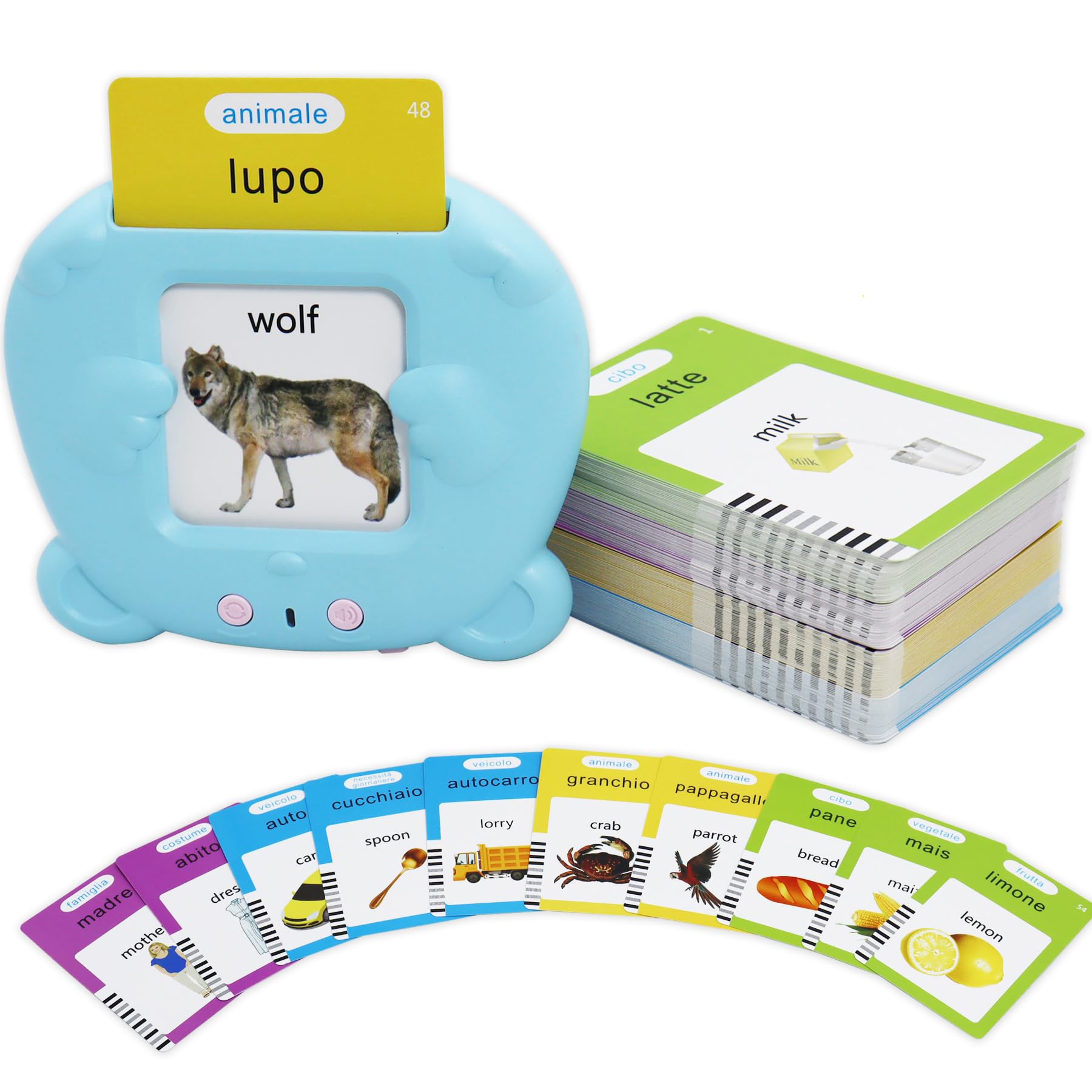 MAYAPHILOS flashcards reader with Italian-English words for early bilingual learning.