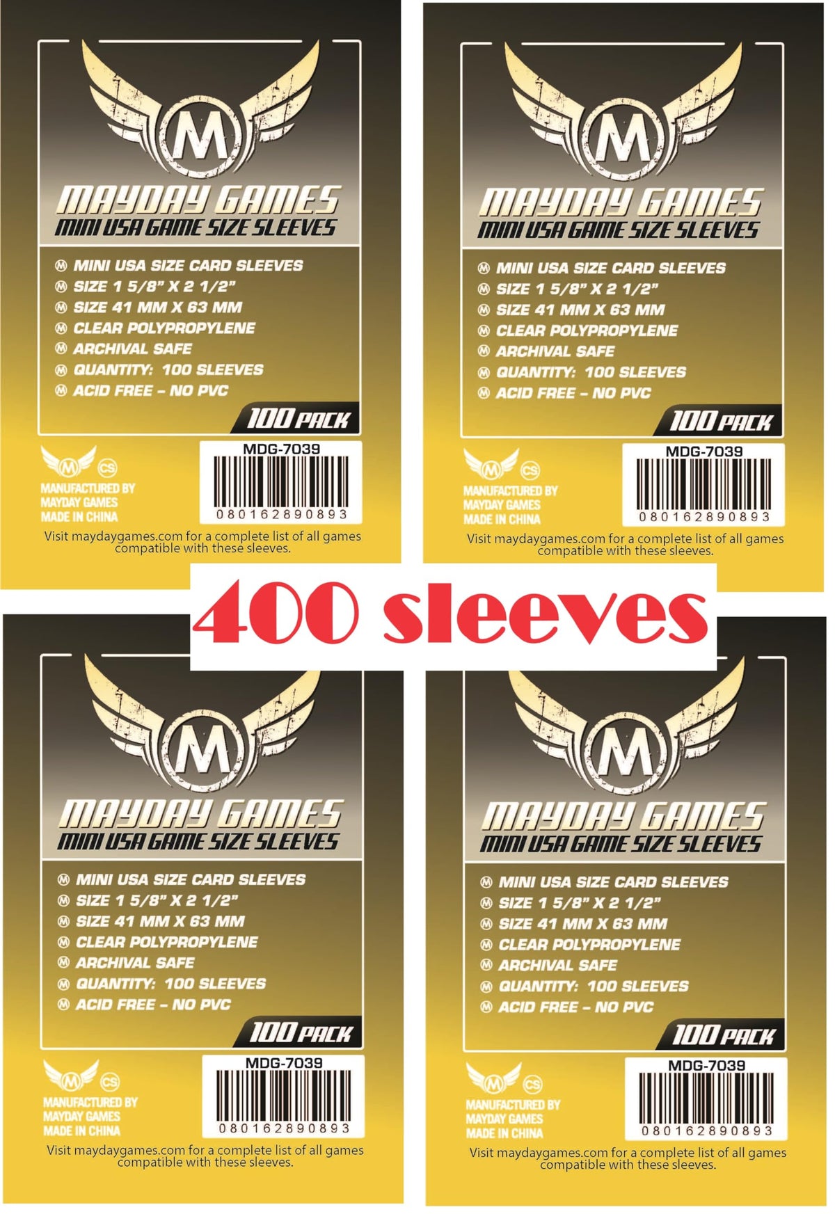 Mayday Games clear sleeves for 41x63mm mini cards, archival-safe protection.