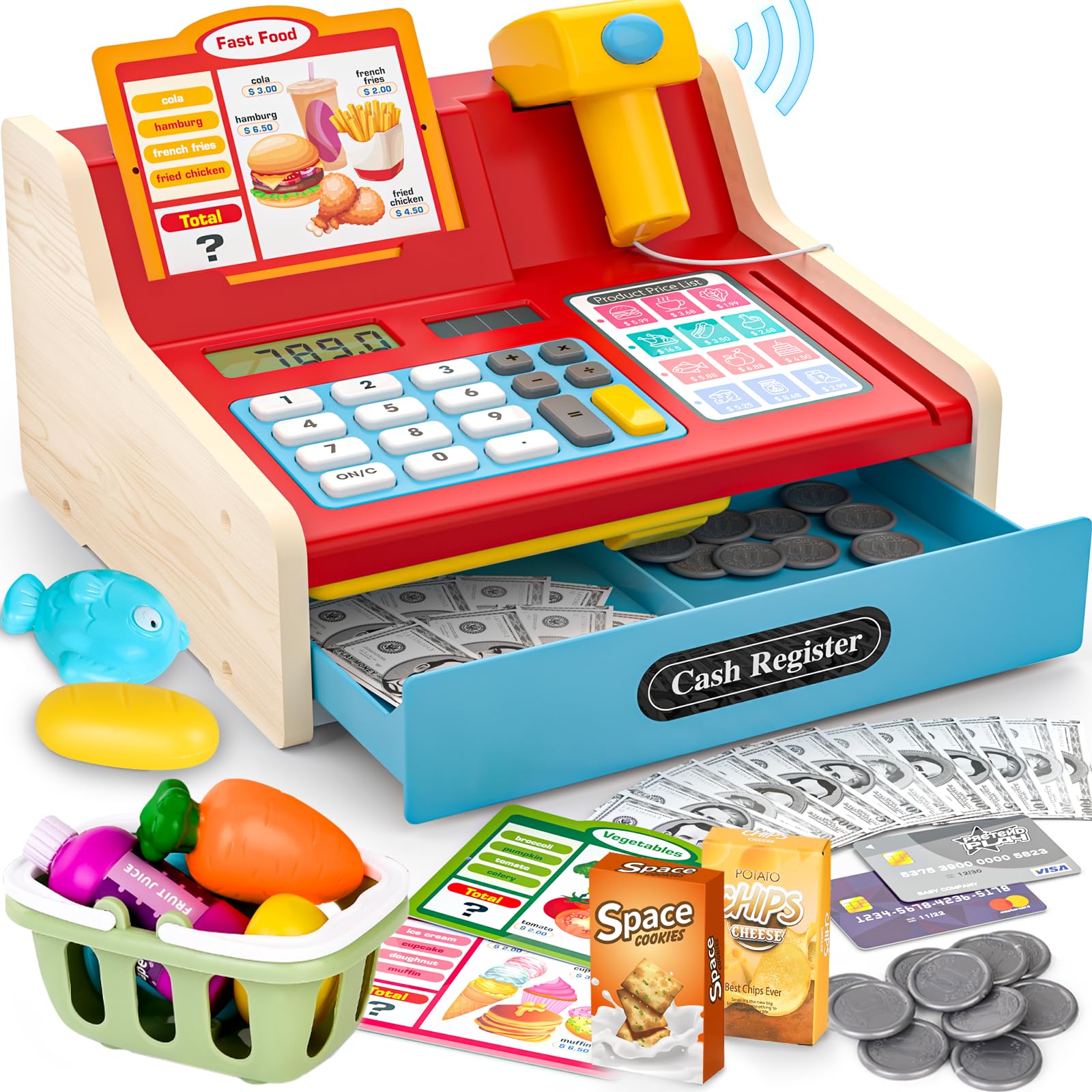 Maysida wooden cash register front view showcases durable, kid-friendly design for pretend play