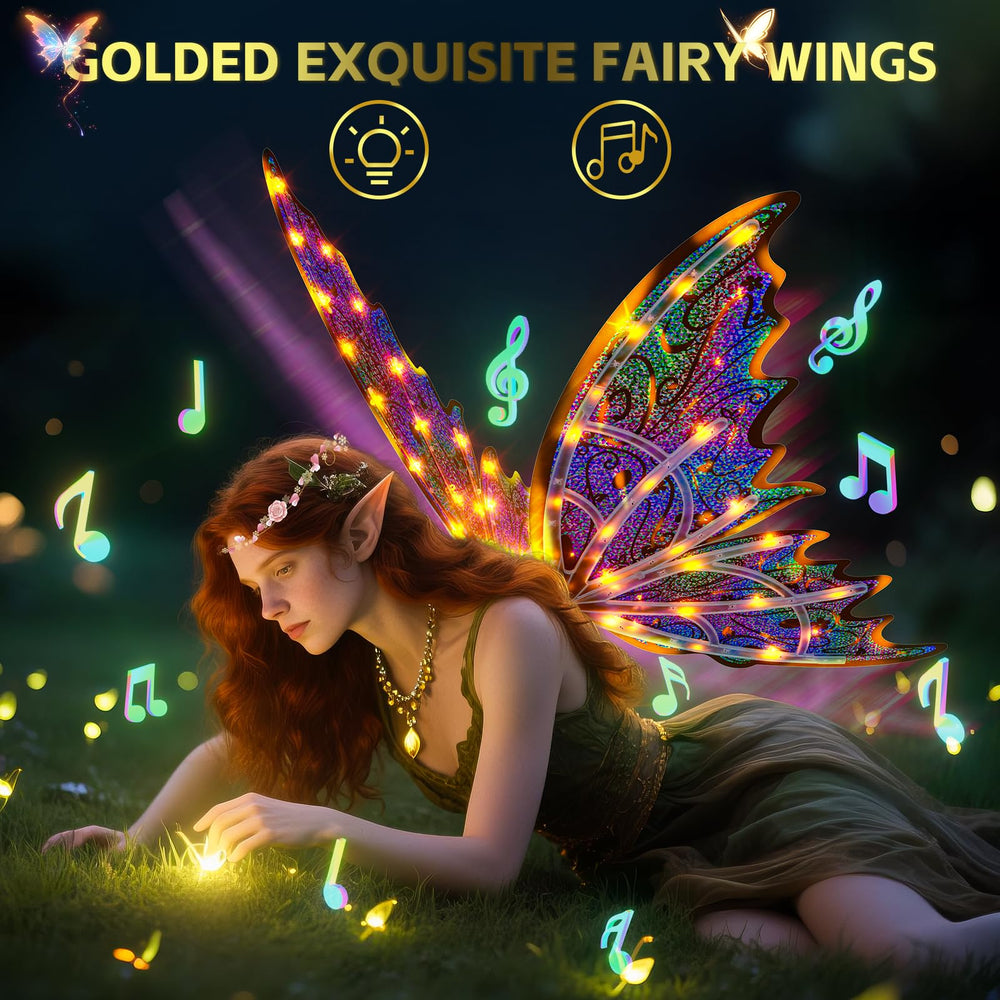Maysida Gold Fairy Wings with wand and crown set enhances cosplay and party vibes.