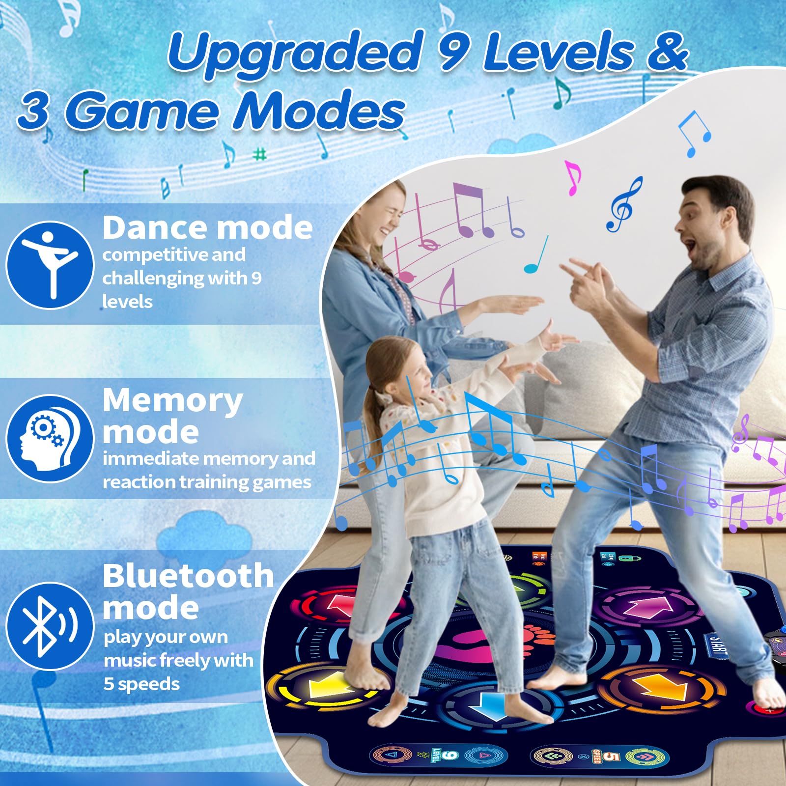 Maysida kids dance pad with Bluetooth connection for shared dance sessions.