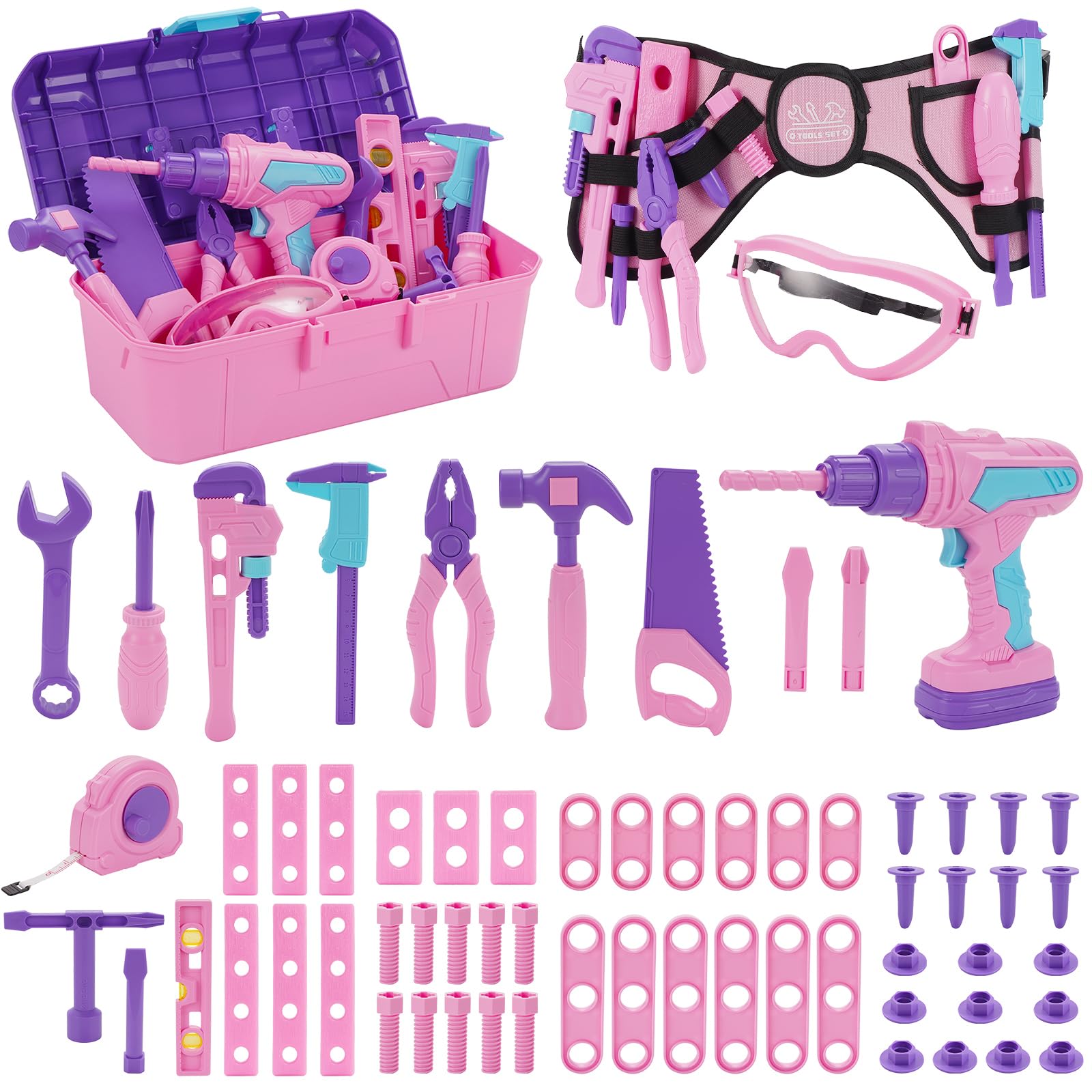 Maysida Kids Tool Set box opened showing 67 pieces for imaginative play
