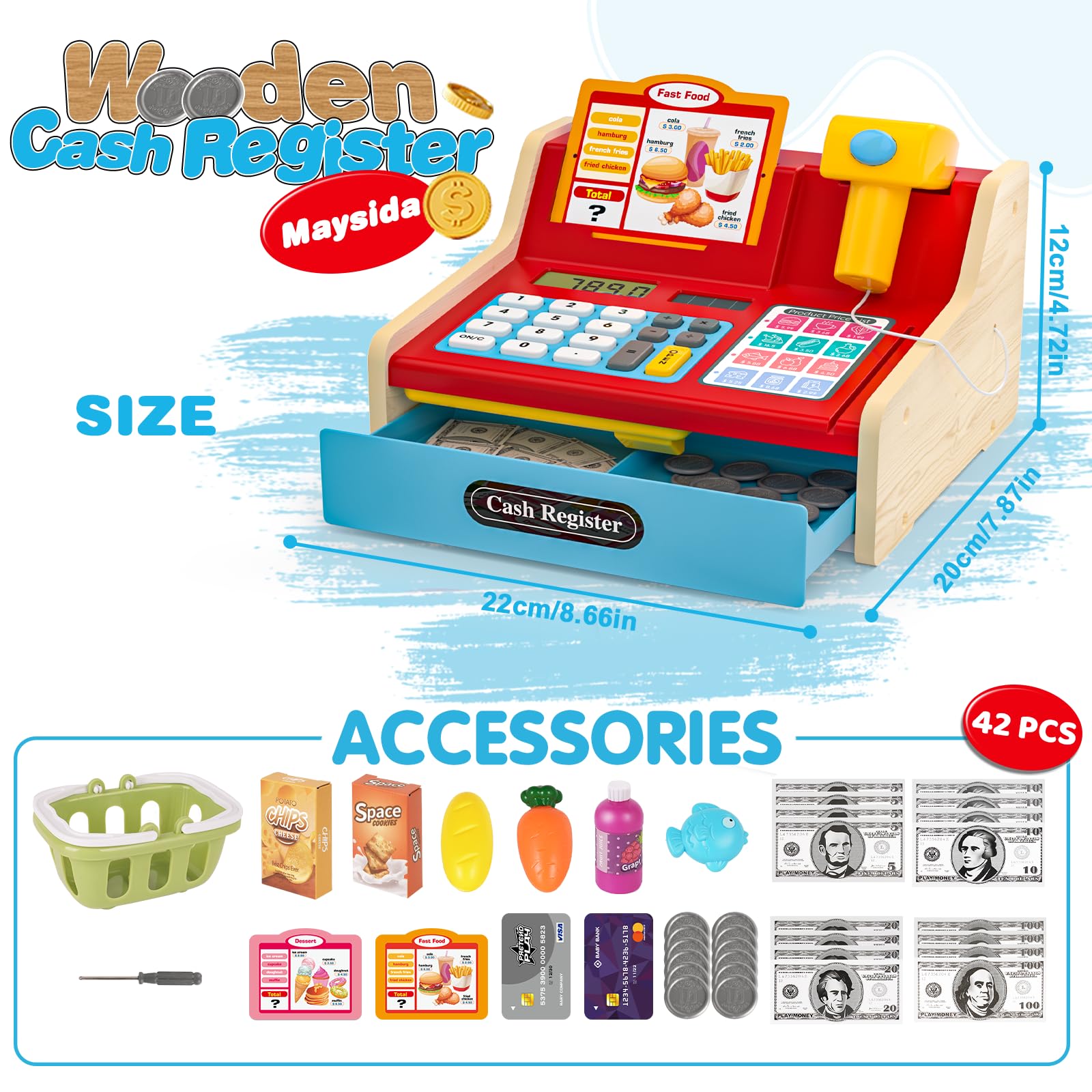 Maysida pretend-play set includes coins, notes, and cards for shopping