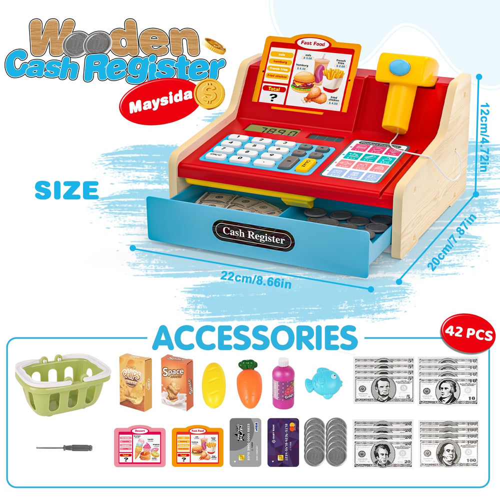 Maysida pretend-play set includes coins, notes, and cards for shopping