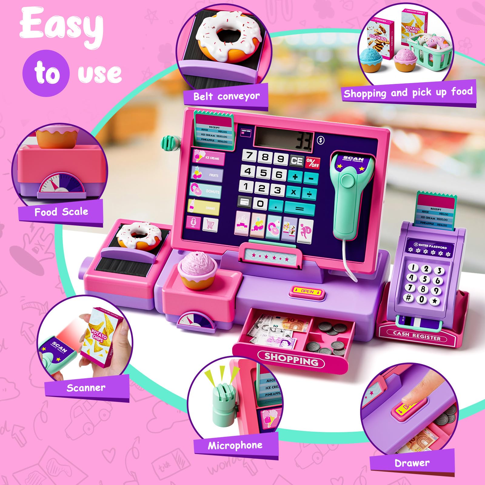 Maysida pink cash register calculator keys aid fine motor practice.