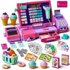 Maysida pink cash register front view promotes imaginative play and early math skills.
