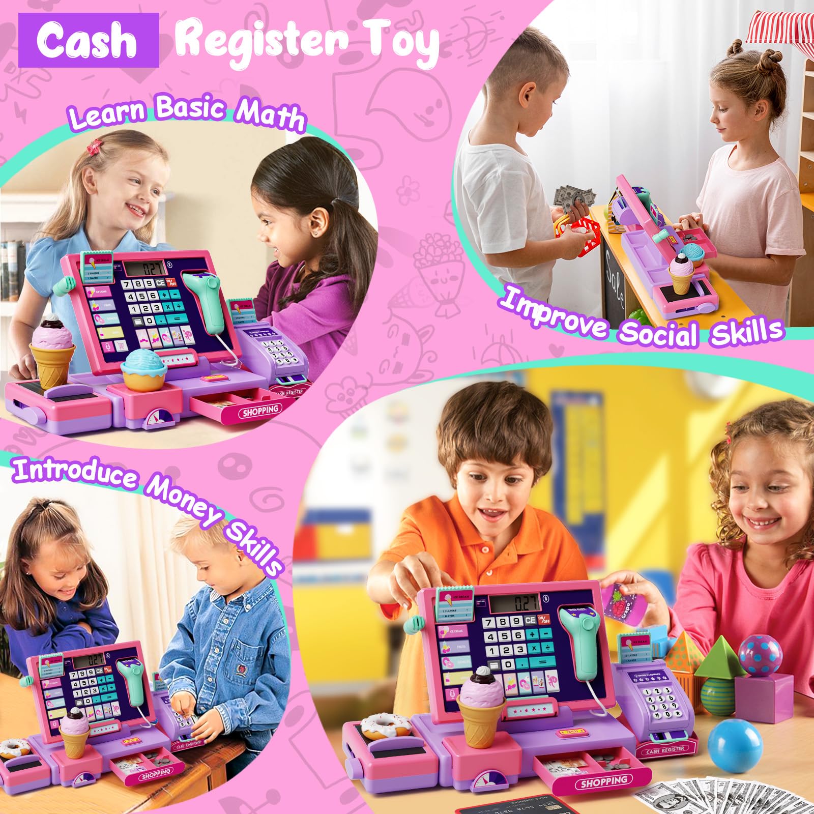 Maysida pink cash register LED lights enhance sensory play during shopping.