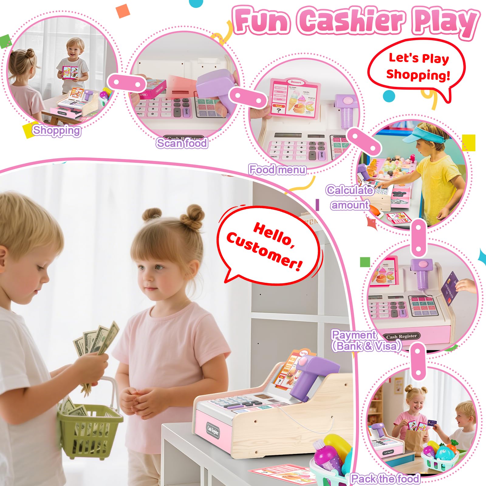 Maysida rechargeable cash register with scanner for extended play sessions