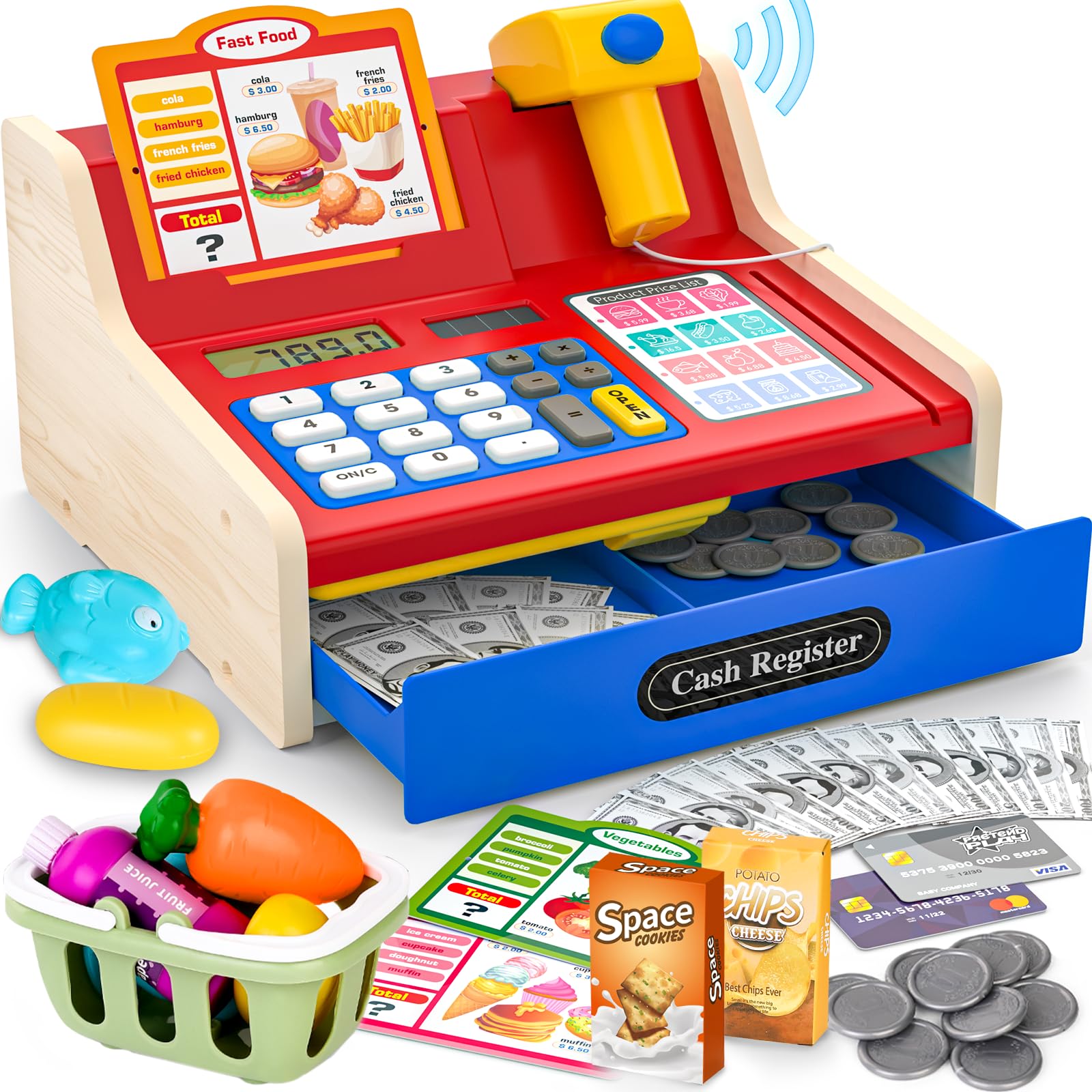 Maysida rechargeable wooden cash register, front view, designed for durable pretend play.
