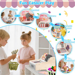 maysida wooden cash register drawer open during pretend checkout for hands-on learning.