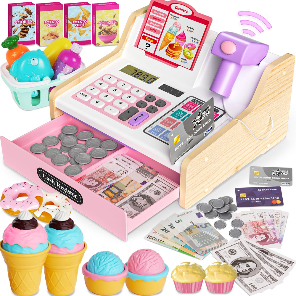 Maysida wooden cash register for kids in pink with kid-friendly features and smooth edges