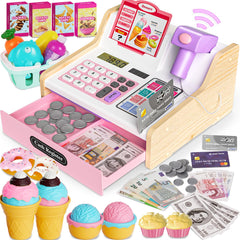 Maysida wooden cash register for kids in pink with kid-friendly features and smooth edges