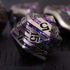 Maywin DND dice set front view, antique nickel purple finish, great for RPG sessions.