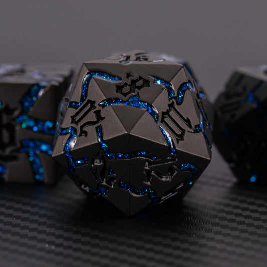 Maywin crackle finish close-up showing engraving and texture on metal dice