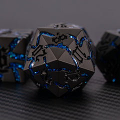 Maywin crackle finish close-up showing engraving and texture on metal dice