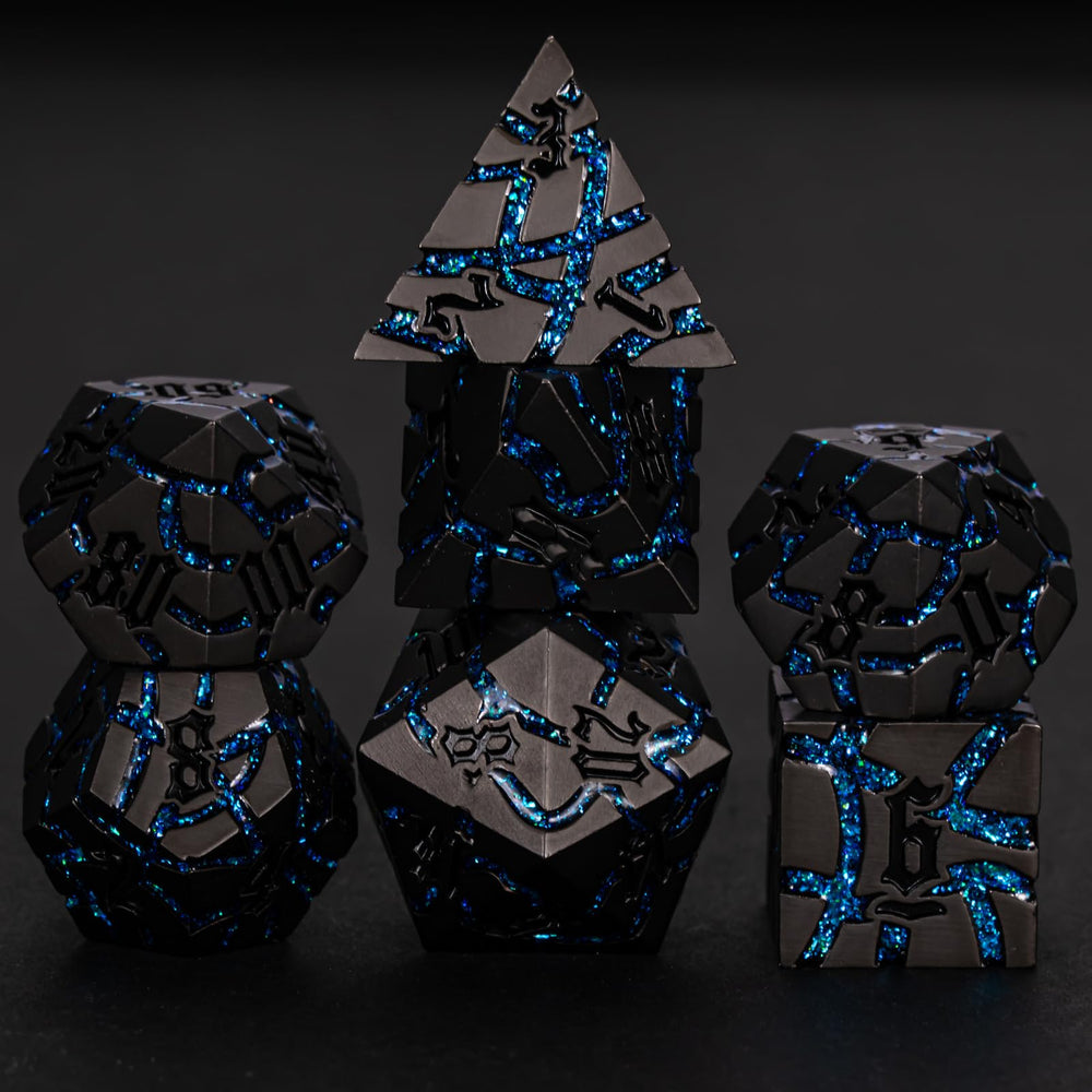 Maywin metal dice set front view in pearl gun bright blue for tabletop RPG sessions