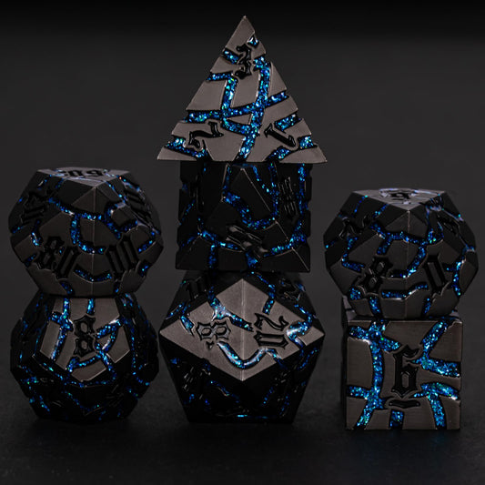 Maywin metal dice set front view in pearl gun bright blue for tabletop RPG sessions