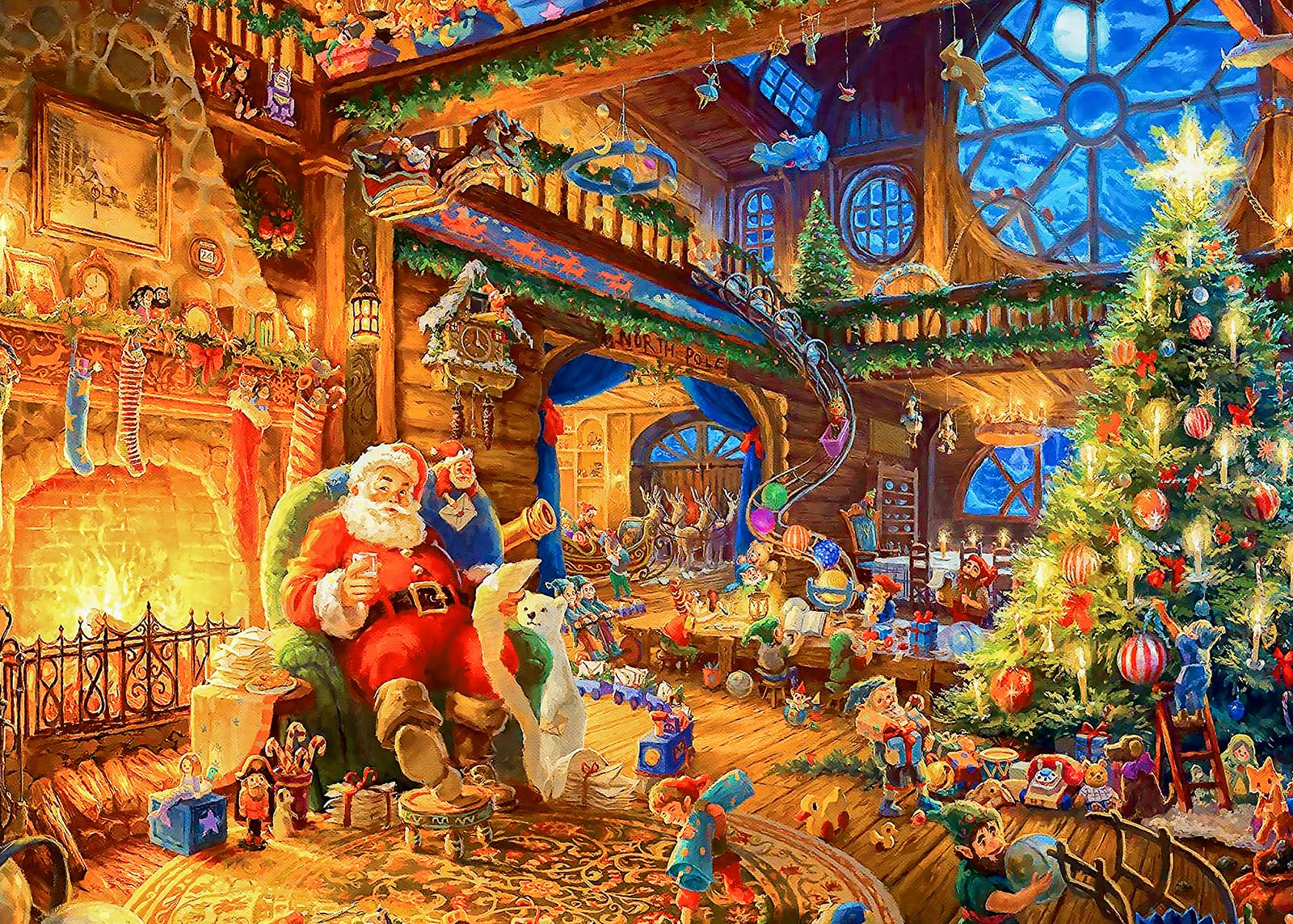 MBOQIU Christmas cabin 1000-piece puzzle laid out for cozy family evenings.