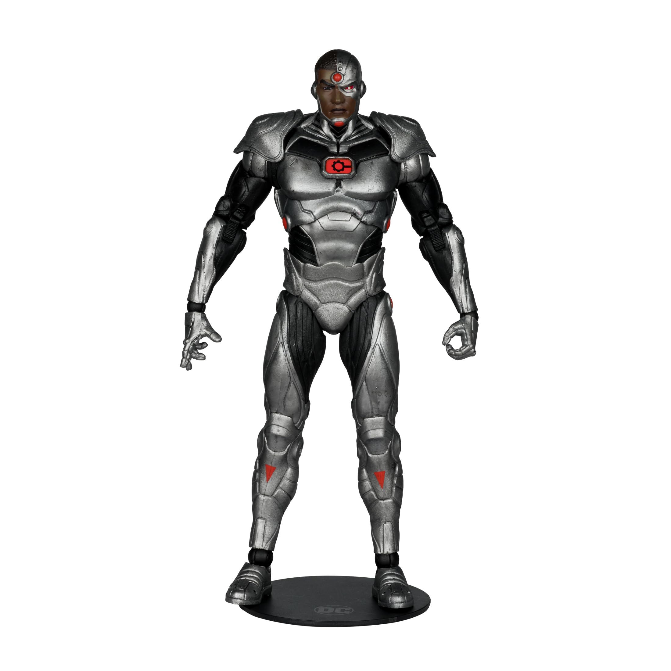 Figure base provides stable display support for the Cyborg figure by McFarlane Toys.