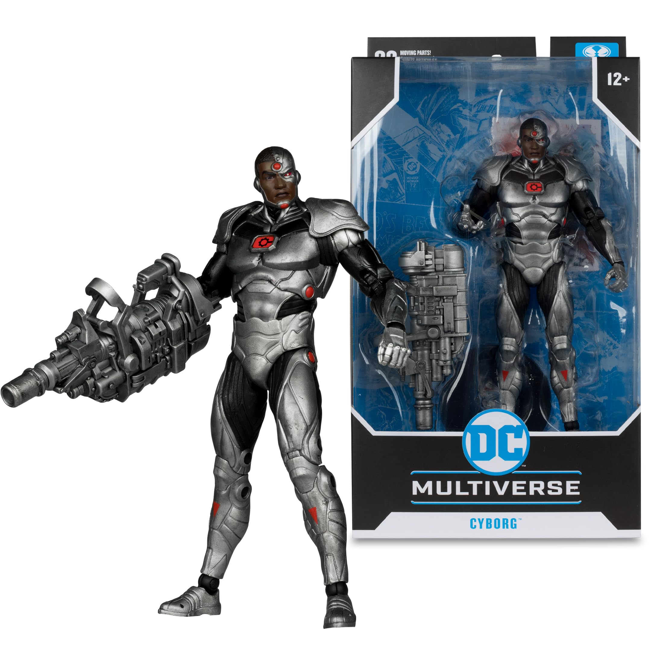 Pose-ready Cyborg figure for shelf display by McFarlane Toys.
