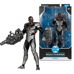 Pose-ready Cyborg figure for shelf display by McFarlane Toys.