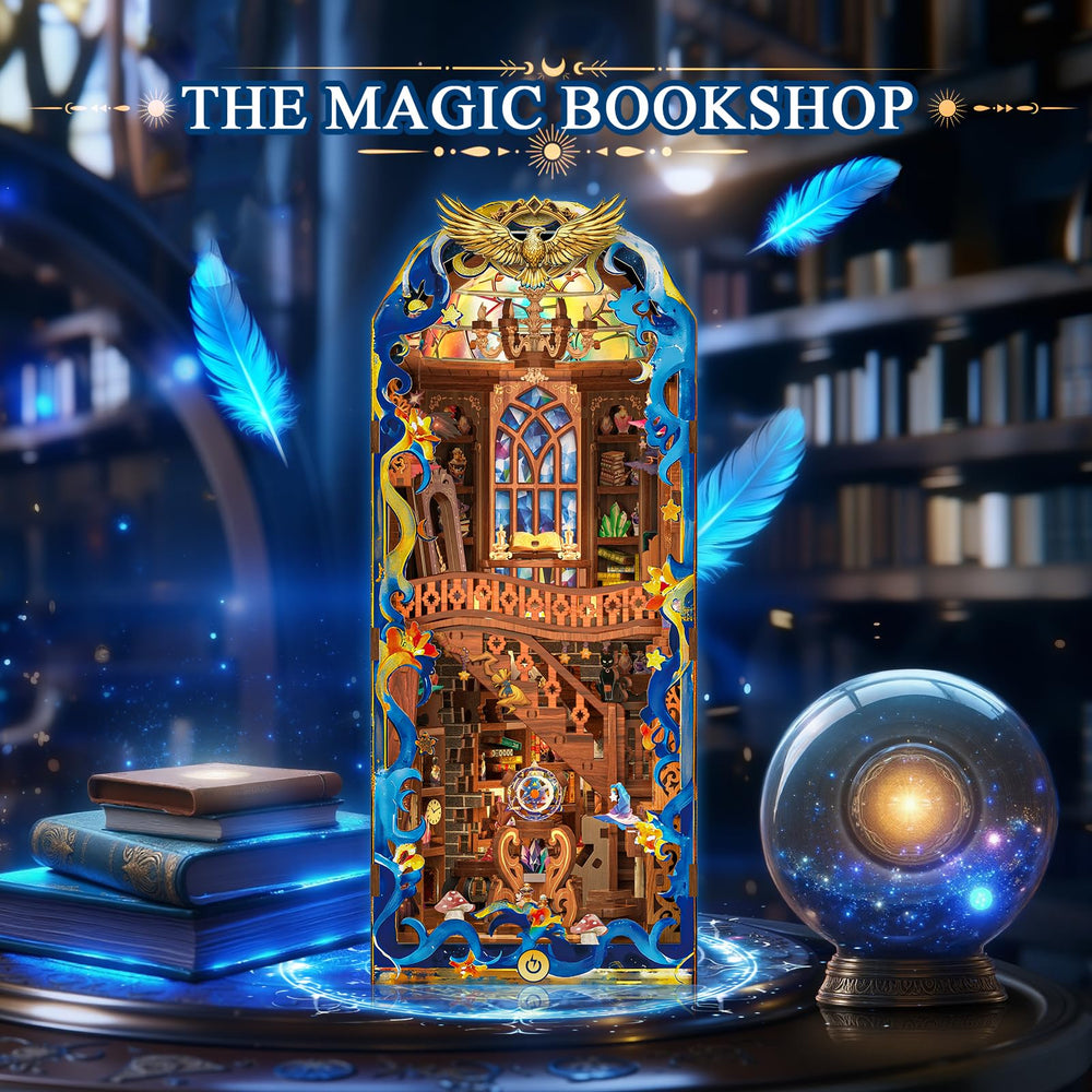 Mccreadee Book-Nook-Kit dollhouse interior showcases cozy shelves and textures.