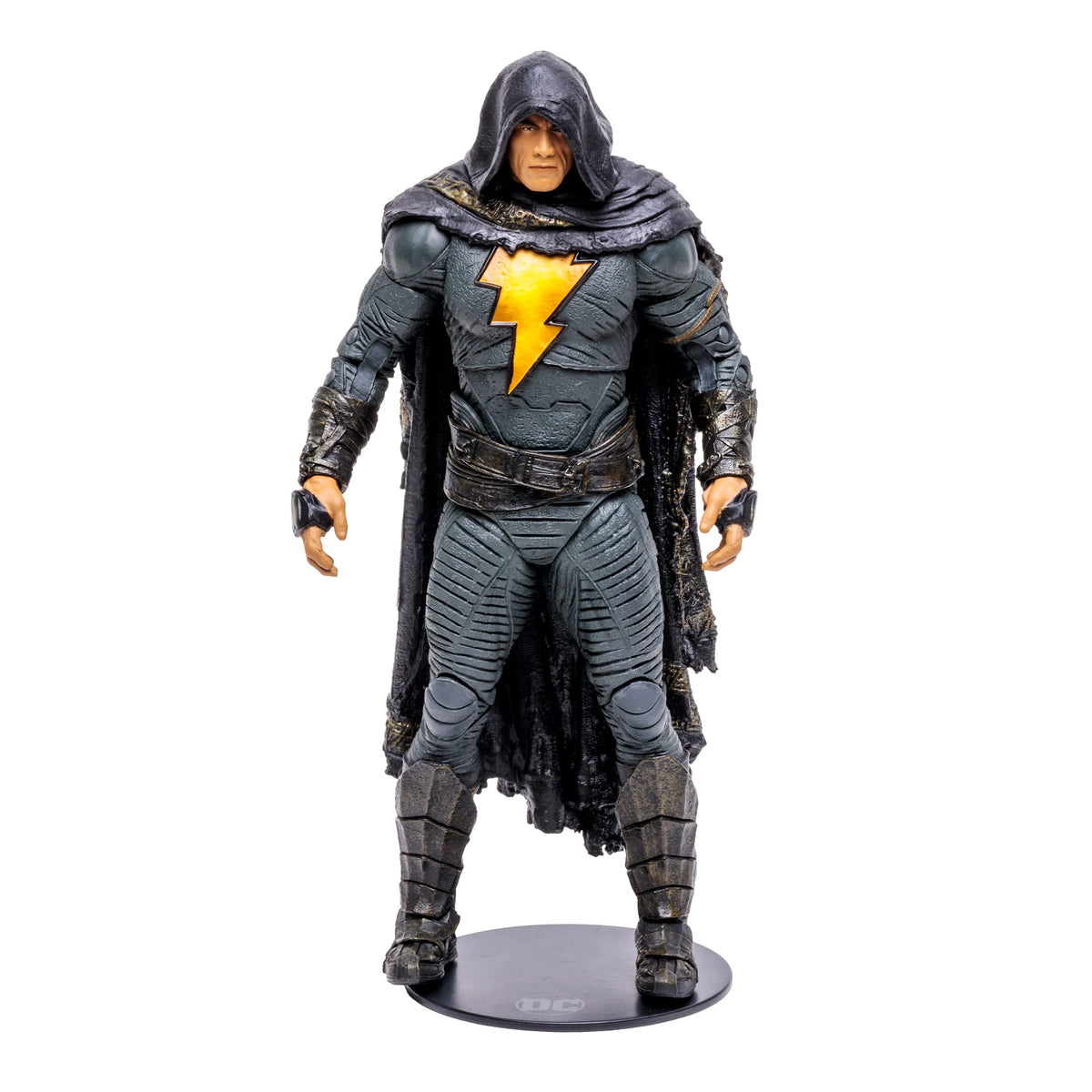 McFarlane Toys Black Adam 7-inch figure with cloak on display stand for dynamic posing