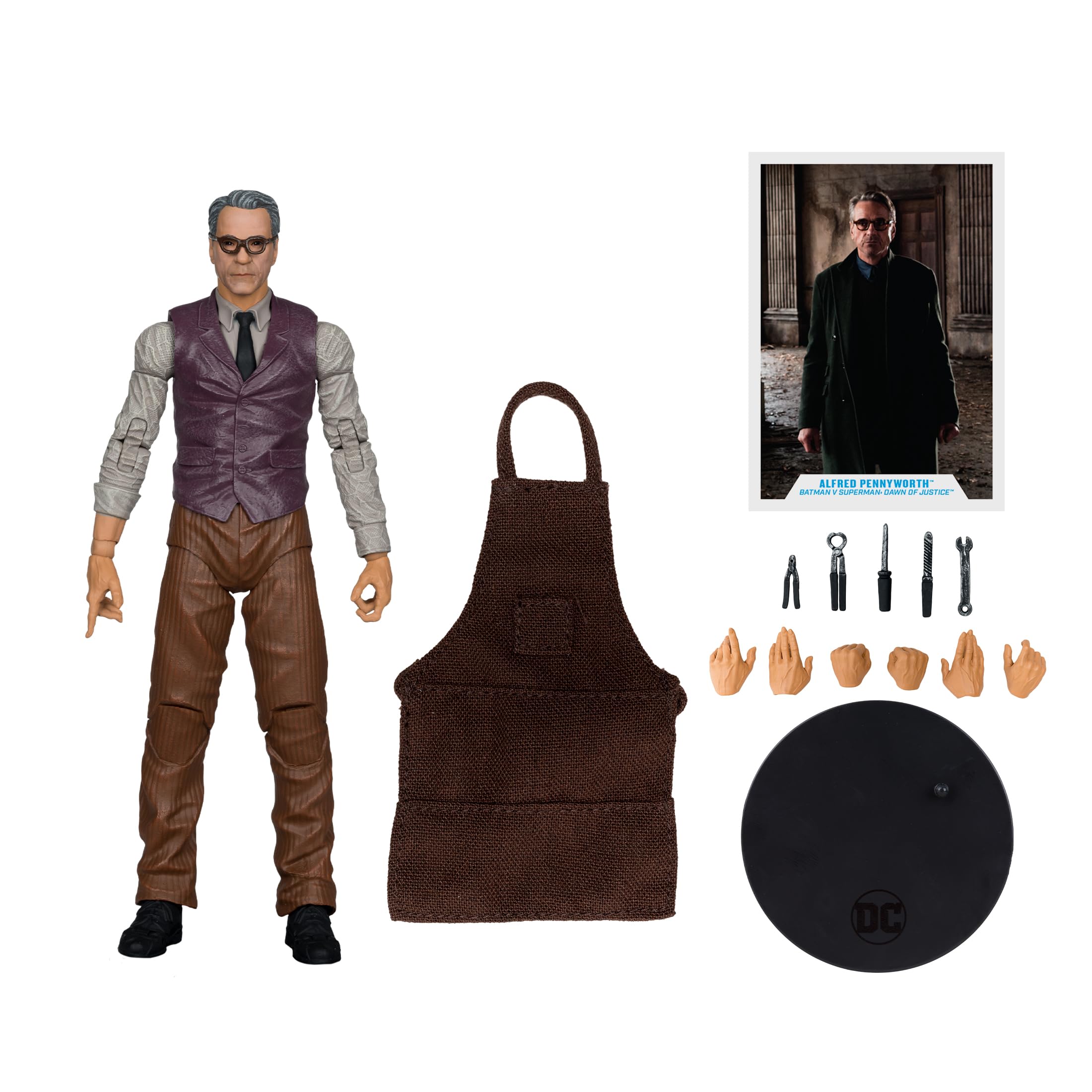McFarlane Toys Alfred Pennyworth figure highlighting 22 moving parts and pose options.