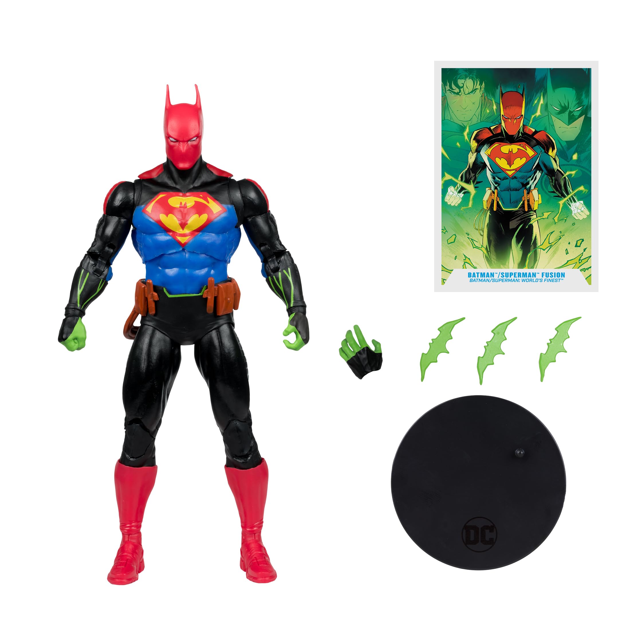 McFarlane Toys DC Multiverse Fusion with three Batarangs for interactive display.
