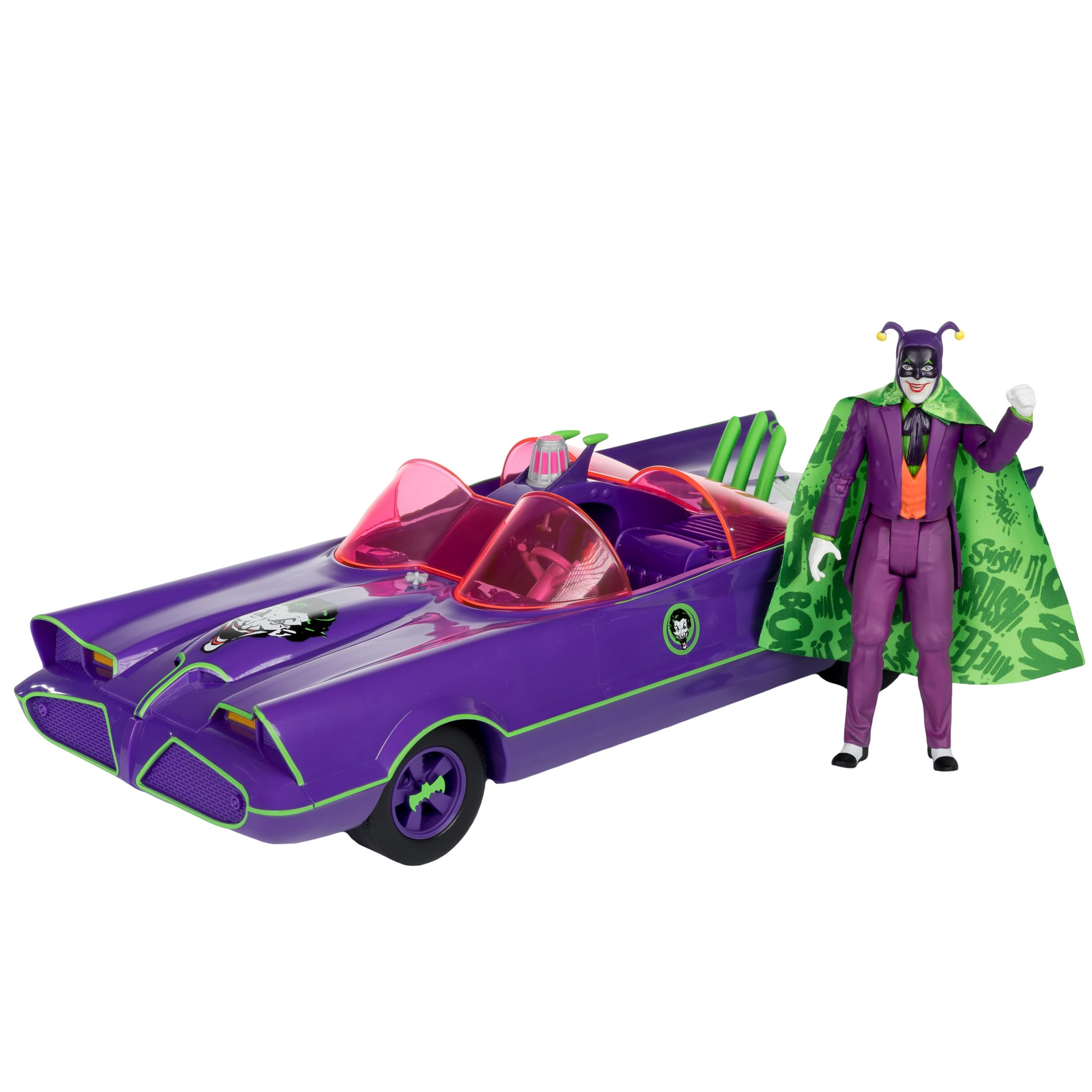 McFarlane Toys DC Retro Batmobile front view; ideal display centerpiece for collectors.