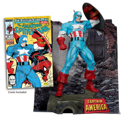 McFarlane Toys Captain America one-sixth-scale figure with dramatic scene backdrop enhances display.