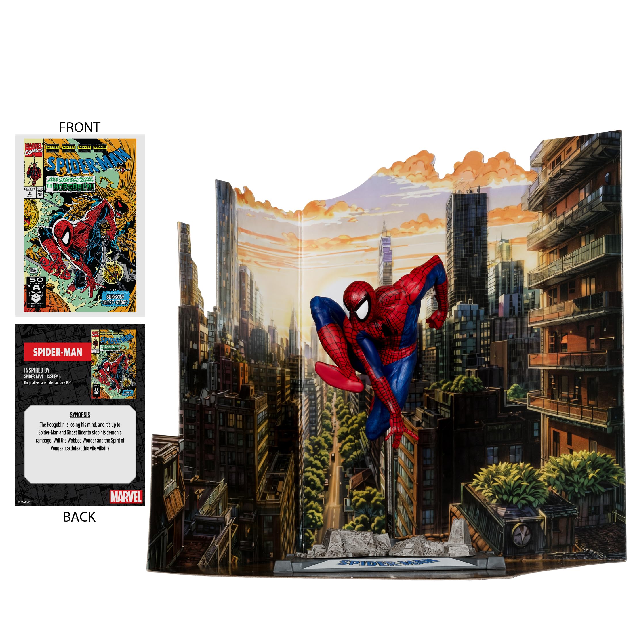 McFarlane Toys art card with Spider-Man artwork and comic synopsis for lore.