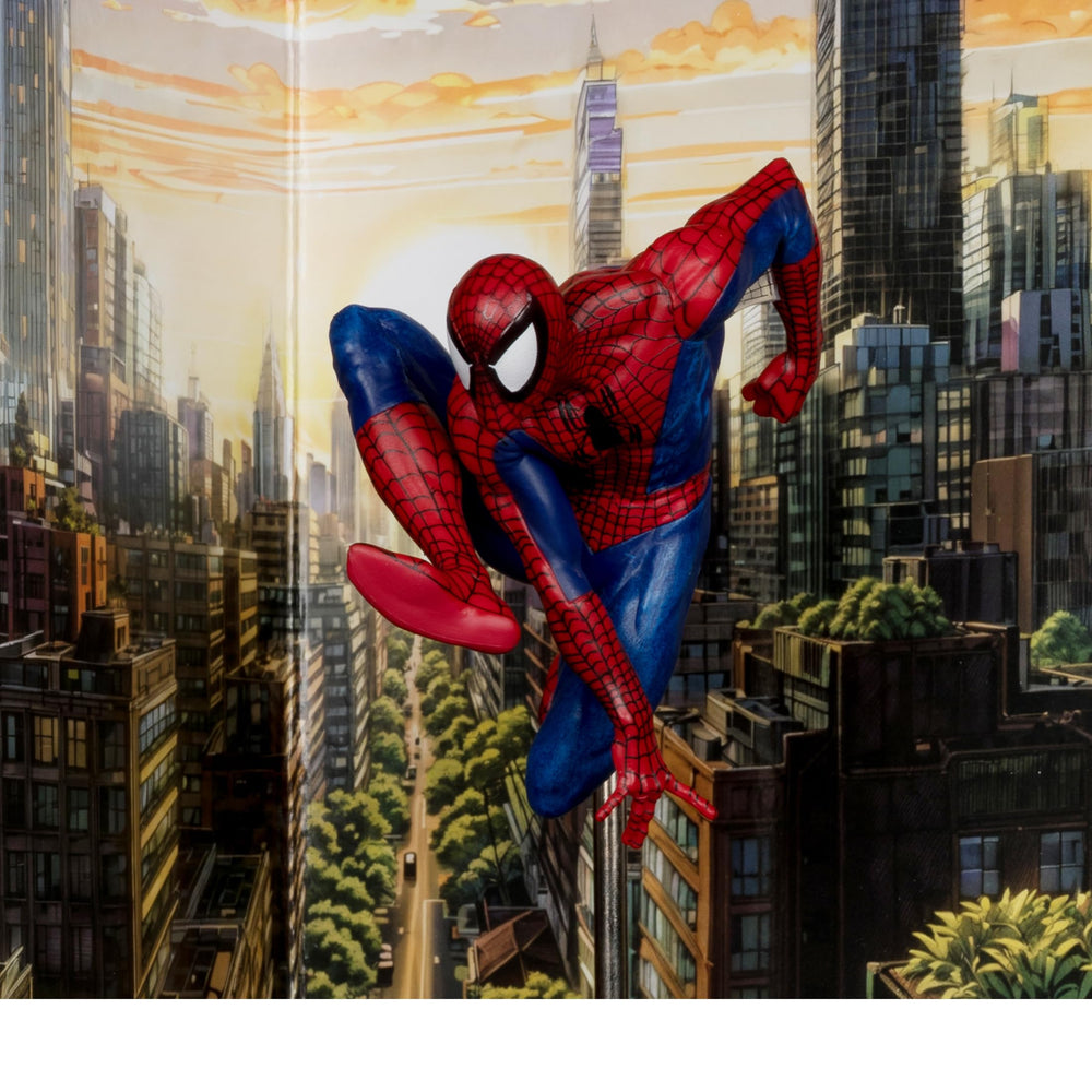 McFarlane Toys Spider-Man and Ghost Rider backdrop enhances display drama.