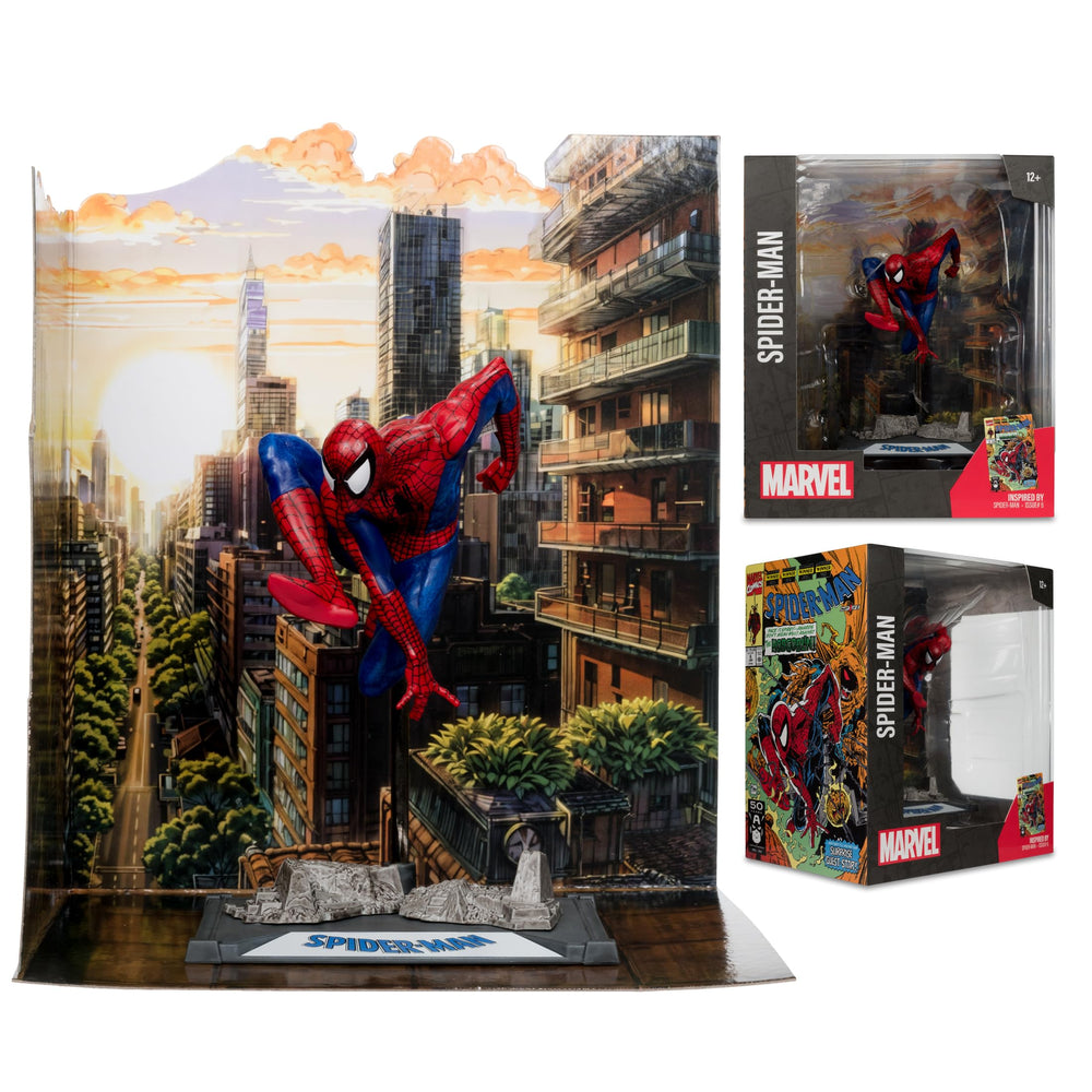 McFarlane Toys Spider-Man issue #6-inspired sculpture captures dynamic posing.